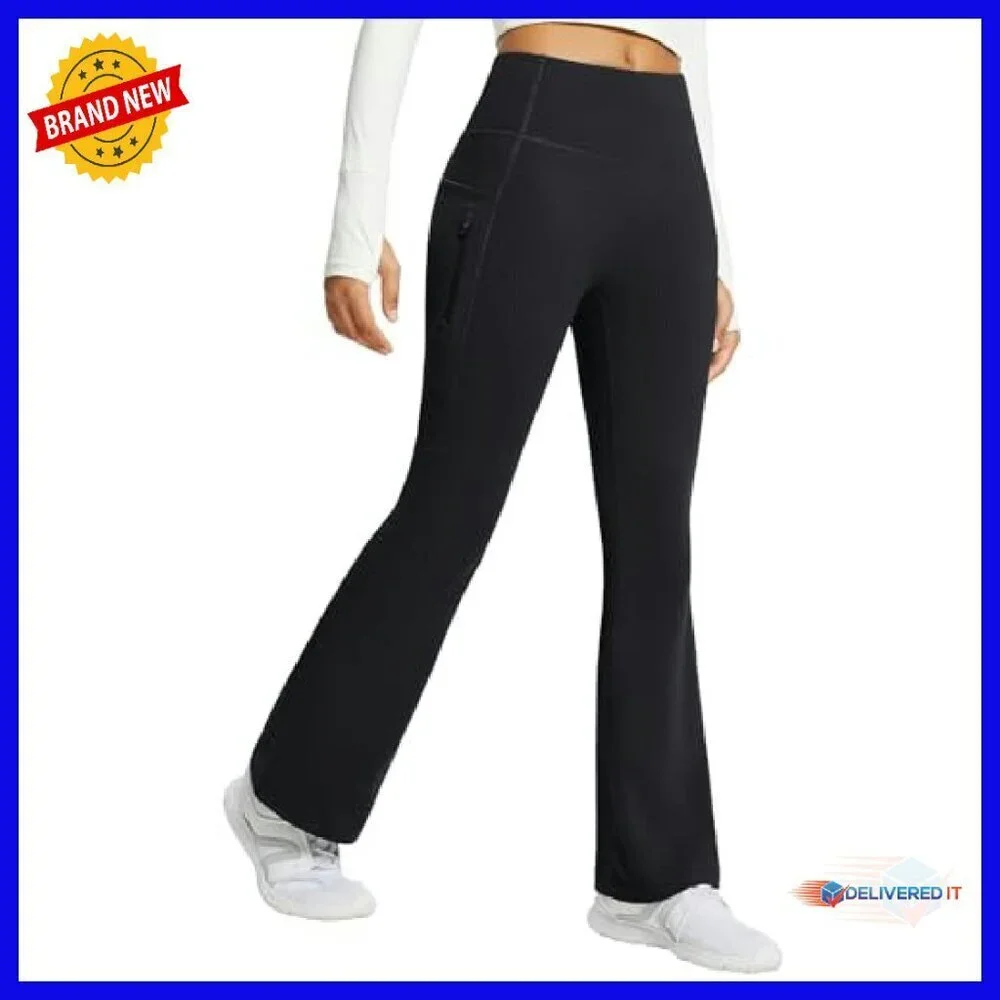 Fleece Lined Thermal Yoga Pants with Pockets, High Waist Flare Leggings